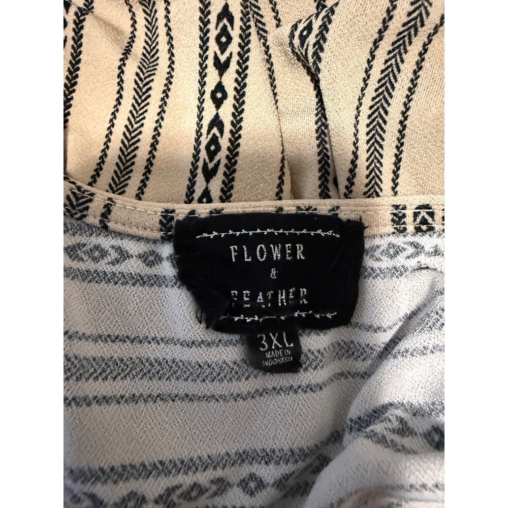 Flower & Feather Women 3XL Tan Black Stripe Zip Neck Short Sleeve Boho Blouse - Picture 4 of 6